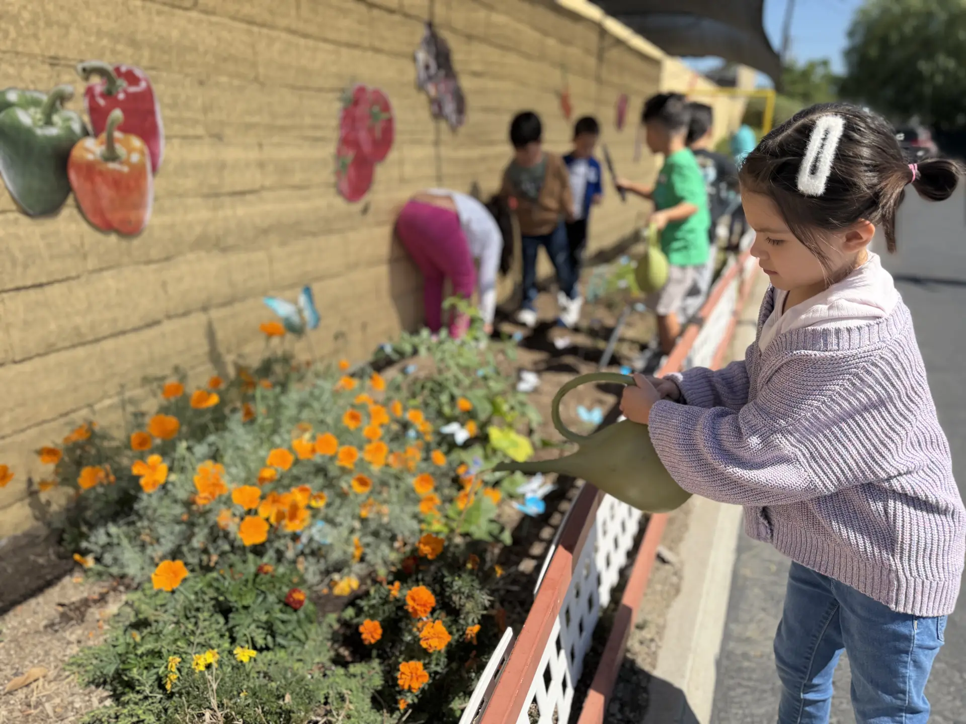Preschool children gardening and exploring outdoors at Newport Ave Preschool